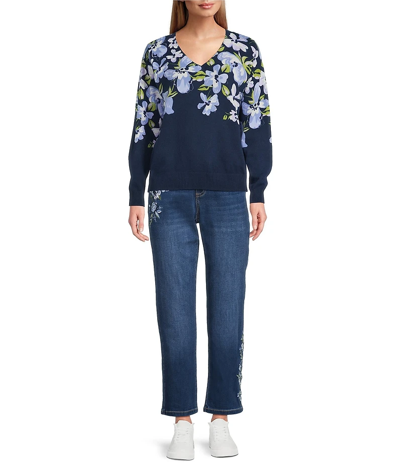 Nurture Navy Floral Printed Knit Long Sleeve V-Neck Sweater