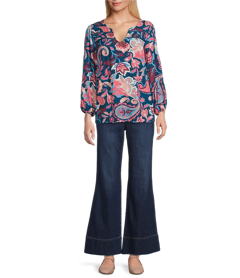 Nurture Paisley Print Embroidered V-Neck Bracelet Sleeve Blouse