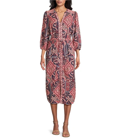 Nurture Patchwork Printed 3/4 Sleeve V-Neck Belted Midi Dress