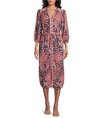 Nurture Patchwork Printed 3/4 Sleeve V-Neck Belted Midi Dress