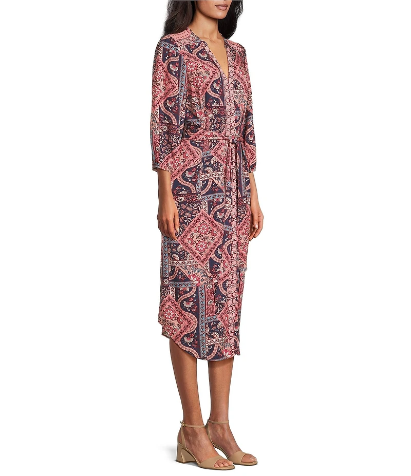 Nurture Patchwork Printed 3/4 Sleeve V-Neck Belted Midi Dress