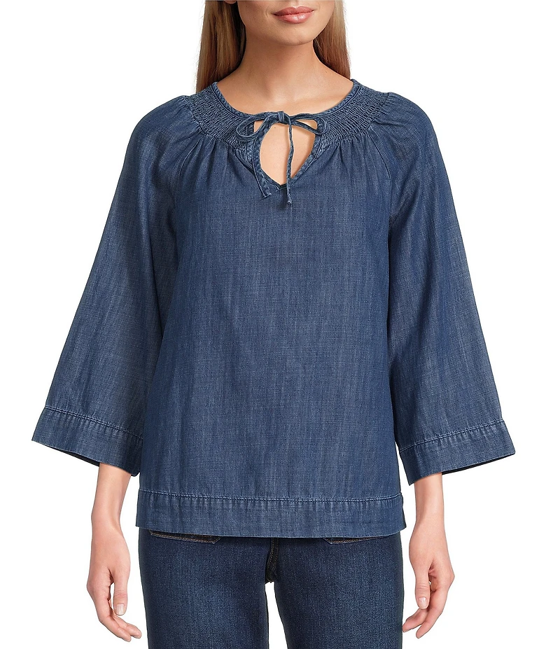 Nurture Petite Size Denim 3/4 Sleeve Smocked Yoke Top