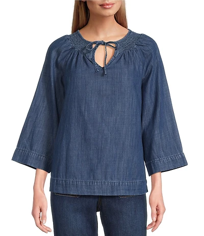 Nurture Petite Size Denim 3/4 Sleeve Smocked Yoke Top