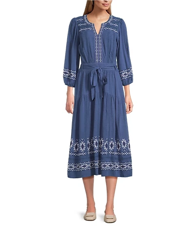 Nurture Petite Embroidered 3/4 Sleeve Belted Midi Dress