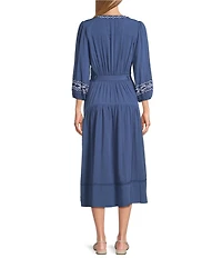 Nurture Petite Embroidered 3/4 Sleeve Belted Midi Dress