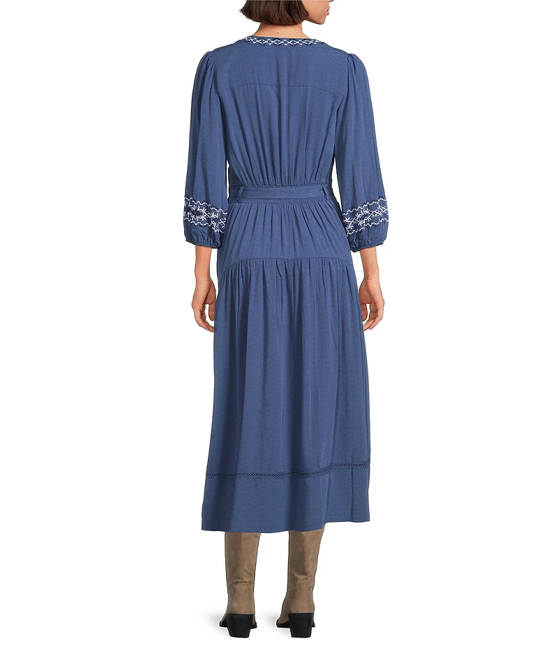 Nurture Petite Embroidered 3/4 Sleeve Belted Midi Dress