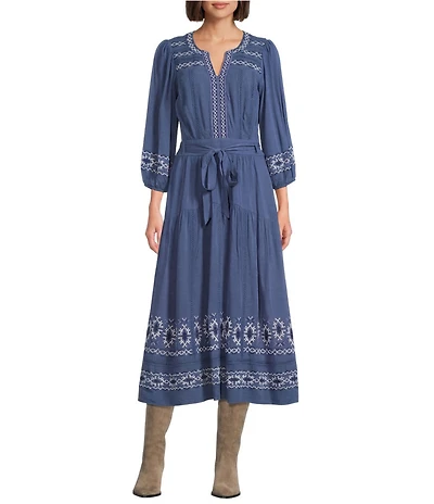 Nurture Petite Embroidered 3/4 Sleeve Belted Midi Dress