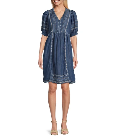 Nurture Petite Lyocell Embroidered V-Neck Elbow Sleeve A-Line Dress