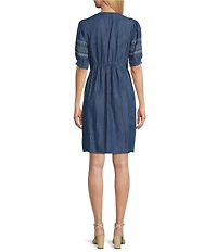 Nurture Petite Lyocell Embroidered V-Neck Elbow Sleeve A-Line Dress