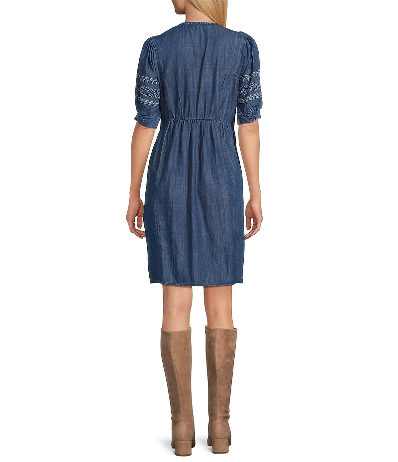 Nurture Petite Lyocell Embroidered V-Neck Elbow Sleeve A-Line Dress