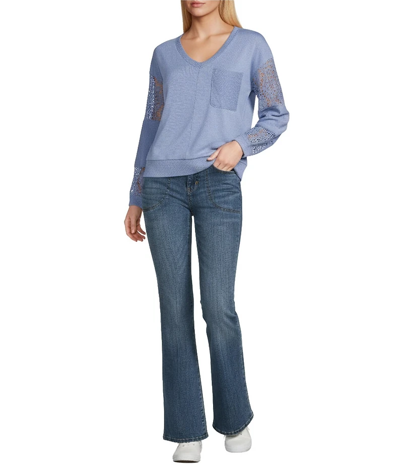 Nurture Petite French Terry Lace & Rib V-Neck Drop Shoulder Front Pocket Knit Pullover