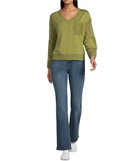 Nurture Petite French Terry Lace & Rib V-Neck Drop Shoulder Front Pocket Knit Pullover