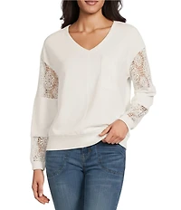 Nurture Petite French Terry Lace & Rib V-Neck Drop Shoulder Front Pocket Knit Pullover