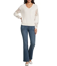 Nurture Petite French Terry Lace & Rib V-Neck Drop Shoulder Front Pocket Knit Pullover