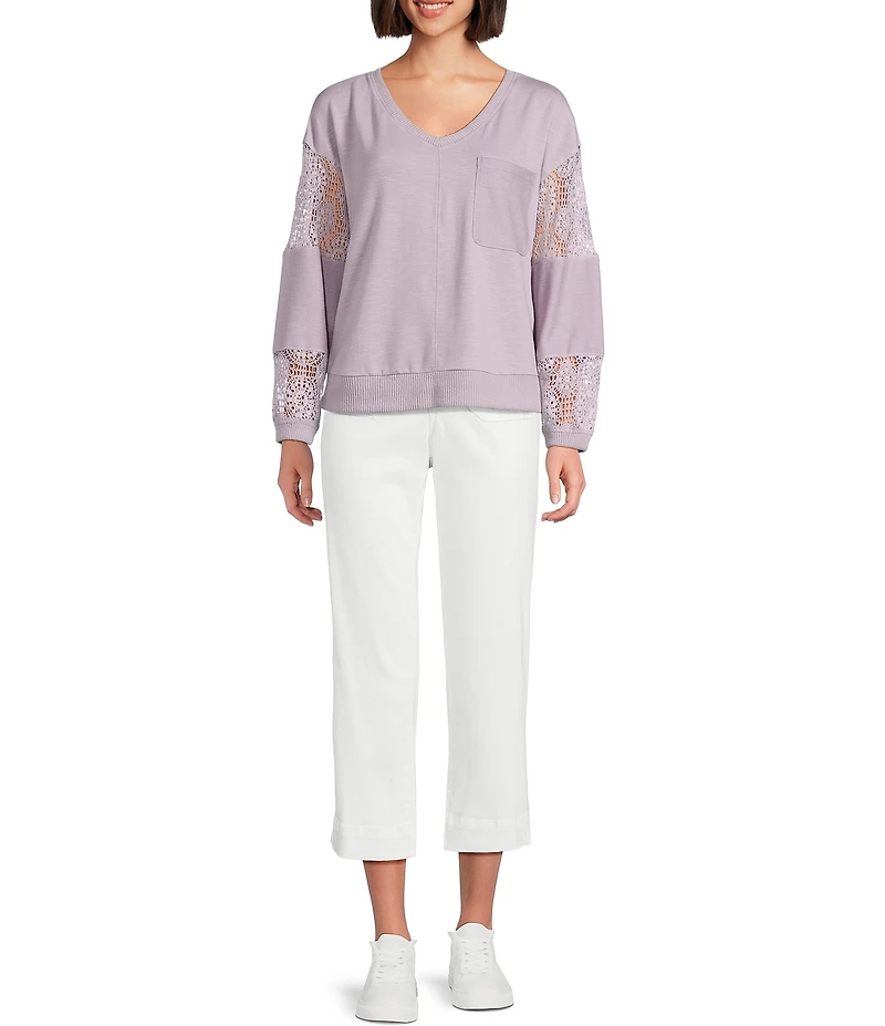 Nurture Petite French Terry Lace & Rib V-Neck Drop Shoulder Front Pocket Knit Pullover