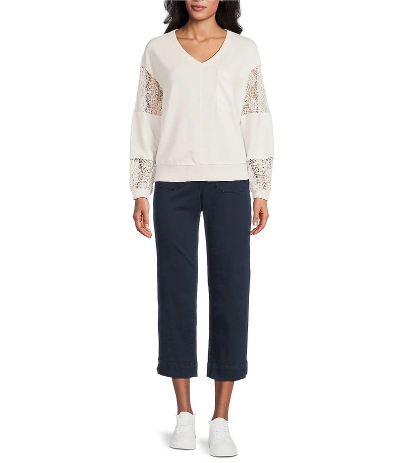 Nurture Petite French Terry Lace & Rib V-Neck Drop Shoulder Front Pocket Knit Pullover