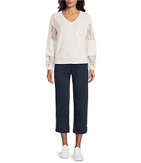 Nurture Petite French Terry Lace & Rib V-Neck Drop Shoulder Front Pocket Knit Pullover
