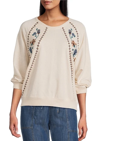 Nurture Petite Knit Crew Neck 3/4 Sleeve Embroidered Top