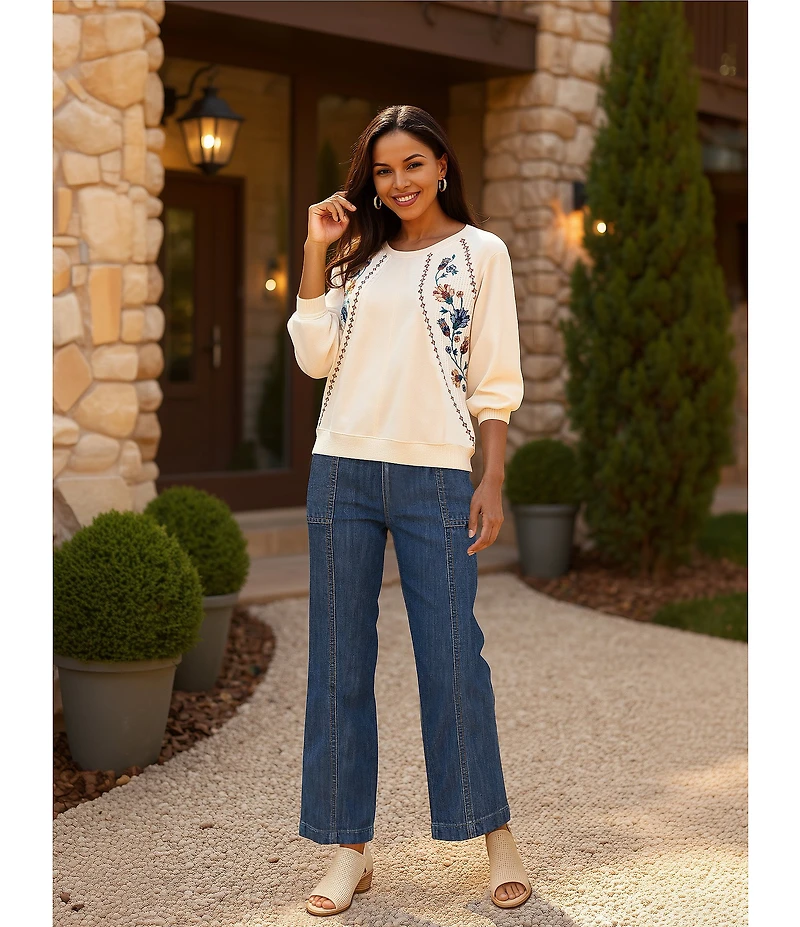Nurture Petite Knit Crew Neck 3/4 Sleeve Embroidered Top
