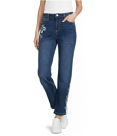 Nurture Petite Mid Rise Embroidered Straight Ankle Jeans