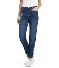 Nurture Petite Mid Rise Embroidered Straight Ankle Jeans