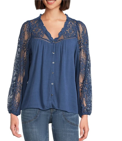 Nurture Petite Mixed Media Lace Y-Neck Long Sleeve Top