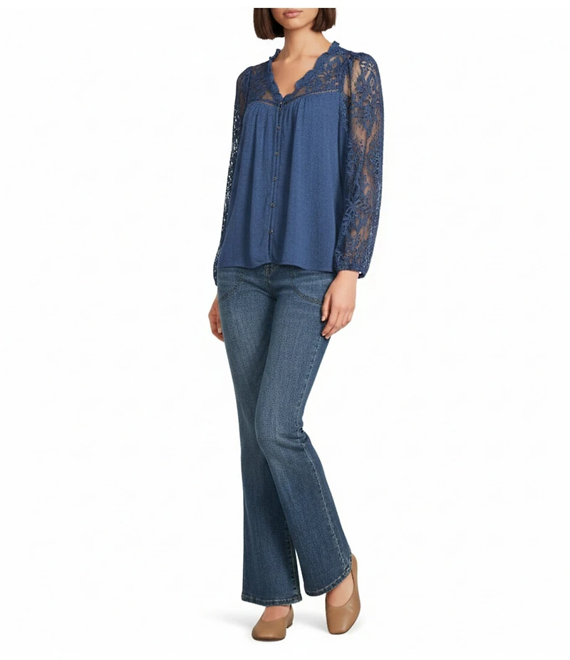 Nurture Petite Mixed Media Lace Y-Neck Long Sleeve Top