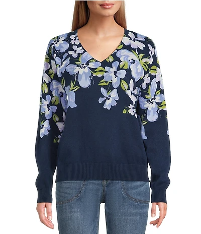 Nurture Petite Navy Floral Printed Long Sleeve V-Neck Sweater