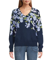 Nurture Petite Navy Floral Printed Long Sleeve V-Neck Sweater