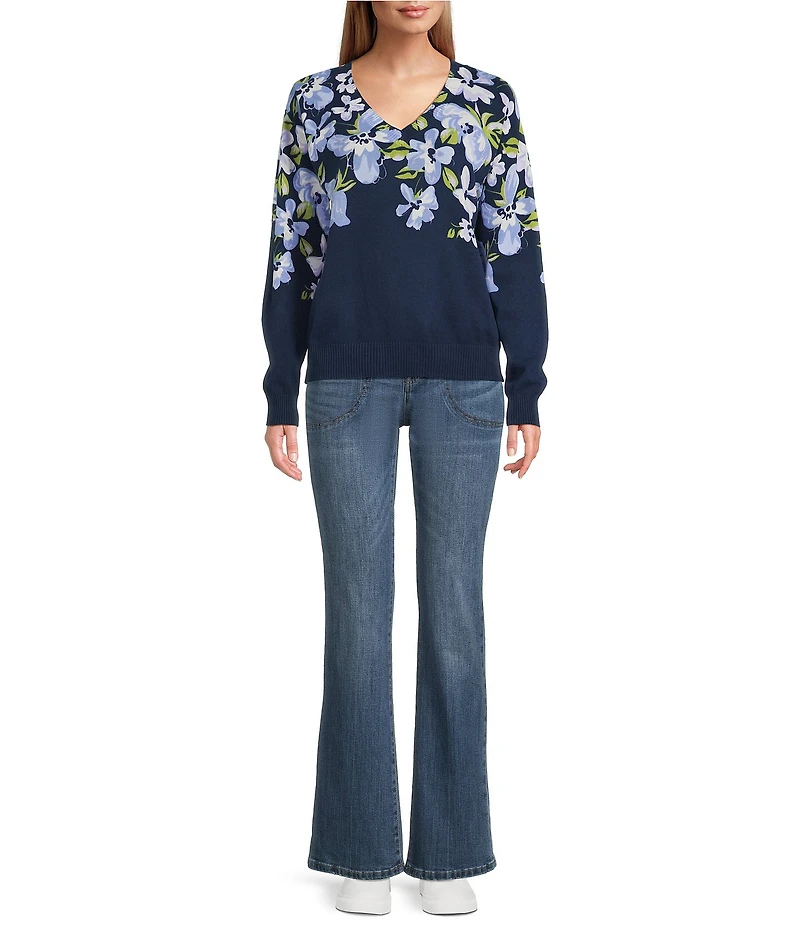 Nurture Petite Navy Floral Printed Long Sleeve V-Neck Sweater