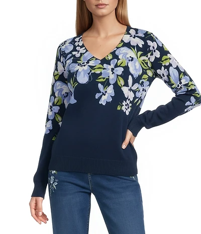 Nurture Petite Navy Floral Printed Long Sleeve V-Neck Sweater