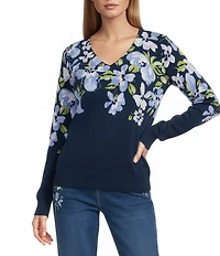 Nurture Petite Navy Floral Printed Long Sleeve V-Neck Sweater