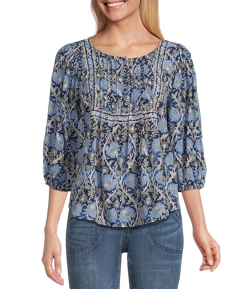 Nurture Petite Pintucked Yoke Crew Neck 3/4 Sleeve Top