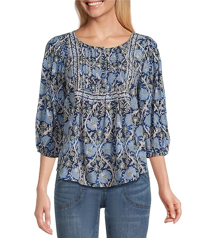 Nurture Petite Pintucked Yoke Crew Neck 3/4 Sleeve Top