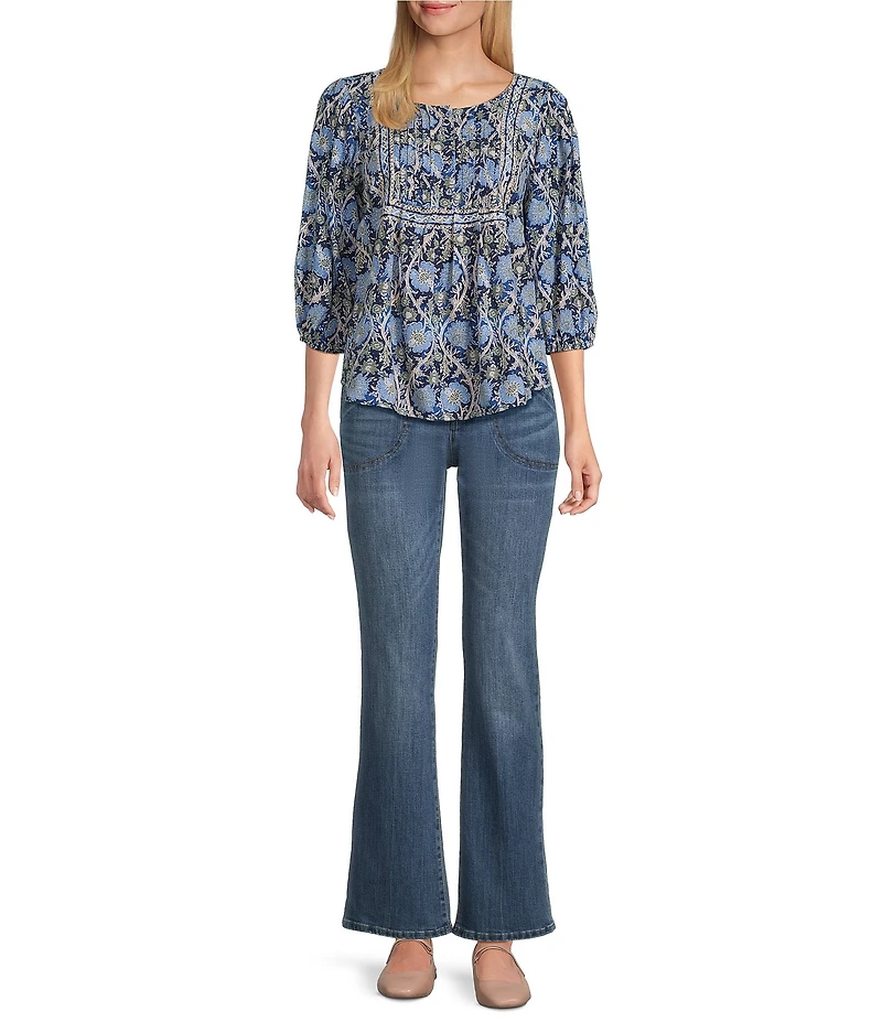 Nurture Petite Pintucked Yoke Crew Neck 3/4 Sleeve Top