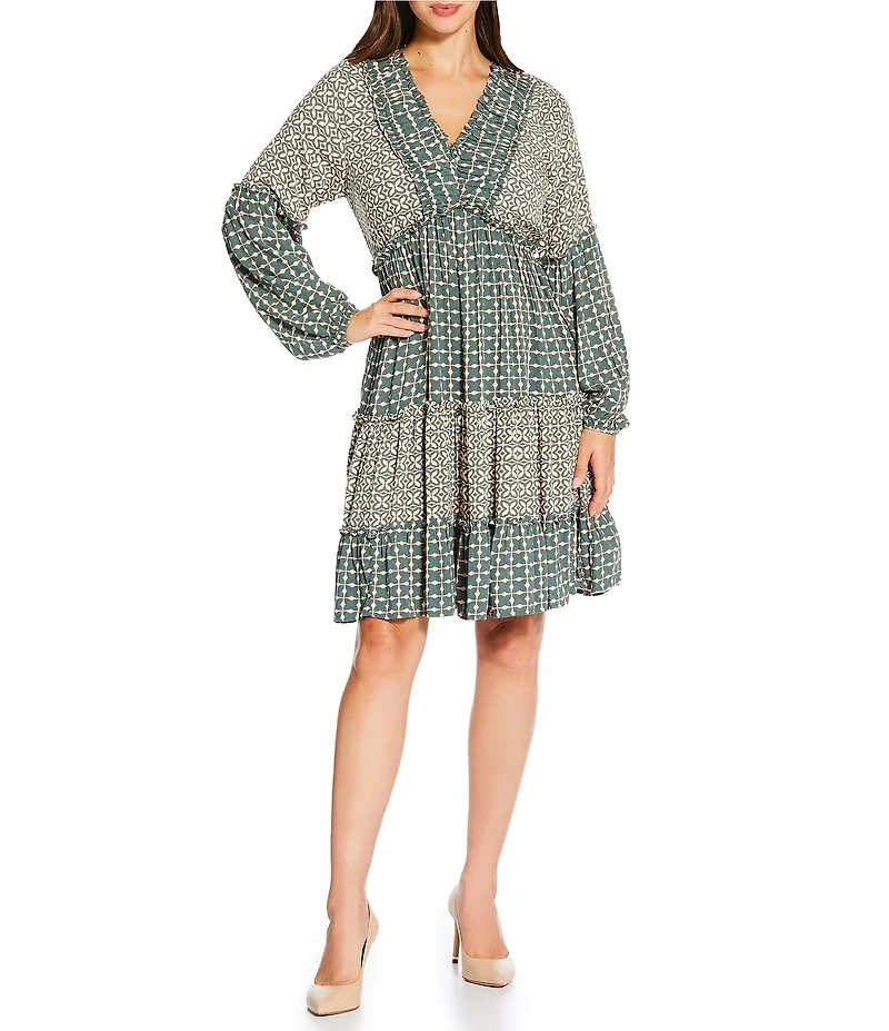 Nurture Petite Print Mix V-Neck Long Sleeve A-Line Dress