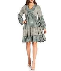 Nurture Petite Print Mix V-Neck Long Sleeve A-Line Dress