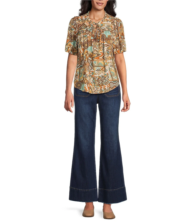 Nurture Petite Short Sleeve Pleated V-Neck Ruffle Blouse