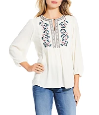 Nurture Petite Size 3/4 Sleeve Keyhole Neck Embroidered Lace Square Yoke Top