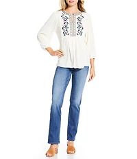 Nurture Petite Size 3/4 Sleeve Keyhole Neck Embroidered Lace Square Yoke Top
