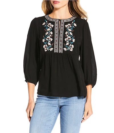 Nurture Petite Size 3/4 Sleeve Keyhole Neck Embroidered Lace Square Yoke Top