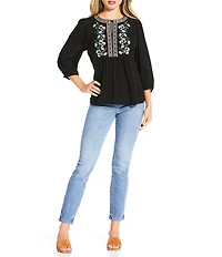 Nurture Petite Size 3/4 Sleeve Keyhole Neck Embroidered Lace Square Yoke Top