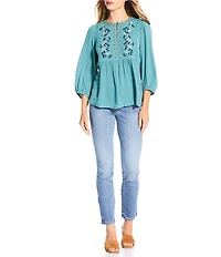 Nurture Petite Size 3/4 Sleeve Keyhole Neck Embroidered Lace Square Yoke Top