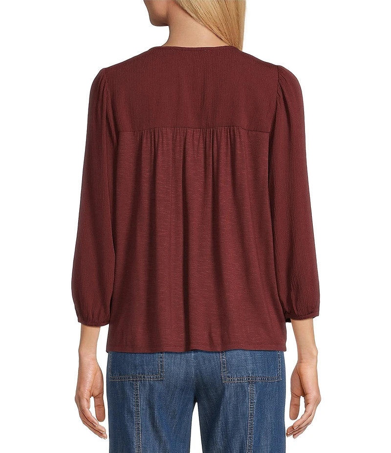 Nurture Petite Size 3/4 Sleeve Keyhole Neck Embroidered Lace Square Yoke Top