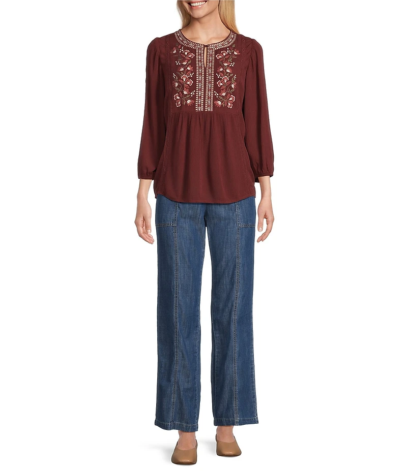 Nurture Petite Size 3/4 Sleeve Keyhole Neck Embroidered Lace Square Yoke Top