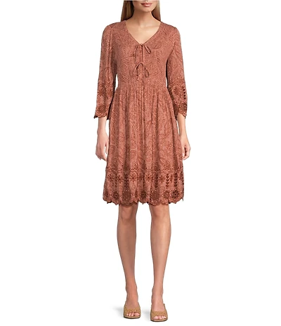 Nurture Petite Size 3/4 Sleeve V-Neck Smocked Tie Short Dress