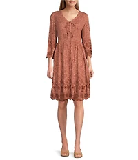 Nurture Petite Size 3/4 Sleeve V-Neck Smocked Tie Short Dress
