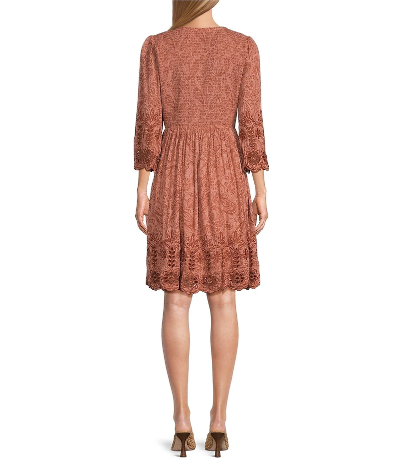 Nurture Petite Size 3/4 Sleeve V-Neck Smocked Tie Short Dress