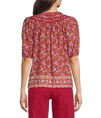 Nurture Petite Size Button Front Elbow Sleeve Y-Neck Top