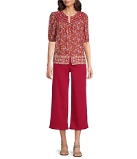 Nurture Petite Size Button Front Elbow Sleeve Y-Neck Top